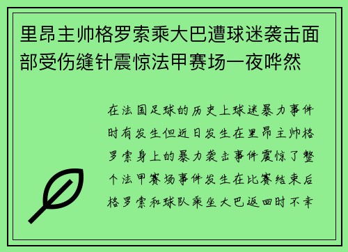 里昂主帅格罗索乘大巴遭球迷袭击面部受伤缝针震惊法甲赛场一夜哗然 里昂主帅格罗索乘大巴遭球迷袭击面部受伤缝针震惊法甲赛场一夜哗然