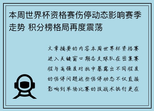本周世界杯资格赛伤停动态影响赛季走势 积分榜格局再度震荡 本周世界杯资格赛伤停动态影响赛季走势 积分榜格局再度震荡